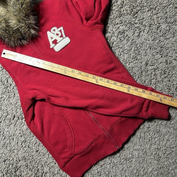 Aeropostale Womens Red Faux Fur Hood Zip Up Hoodie A87 Plaid Lined Medium - Picture 4 of 8